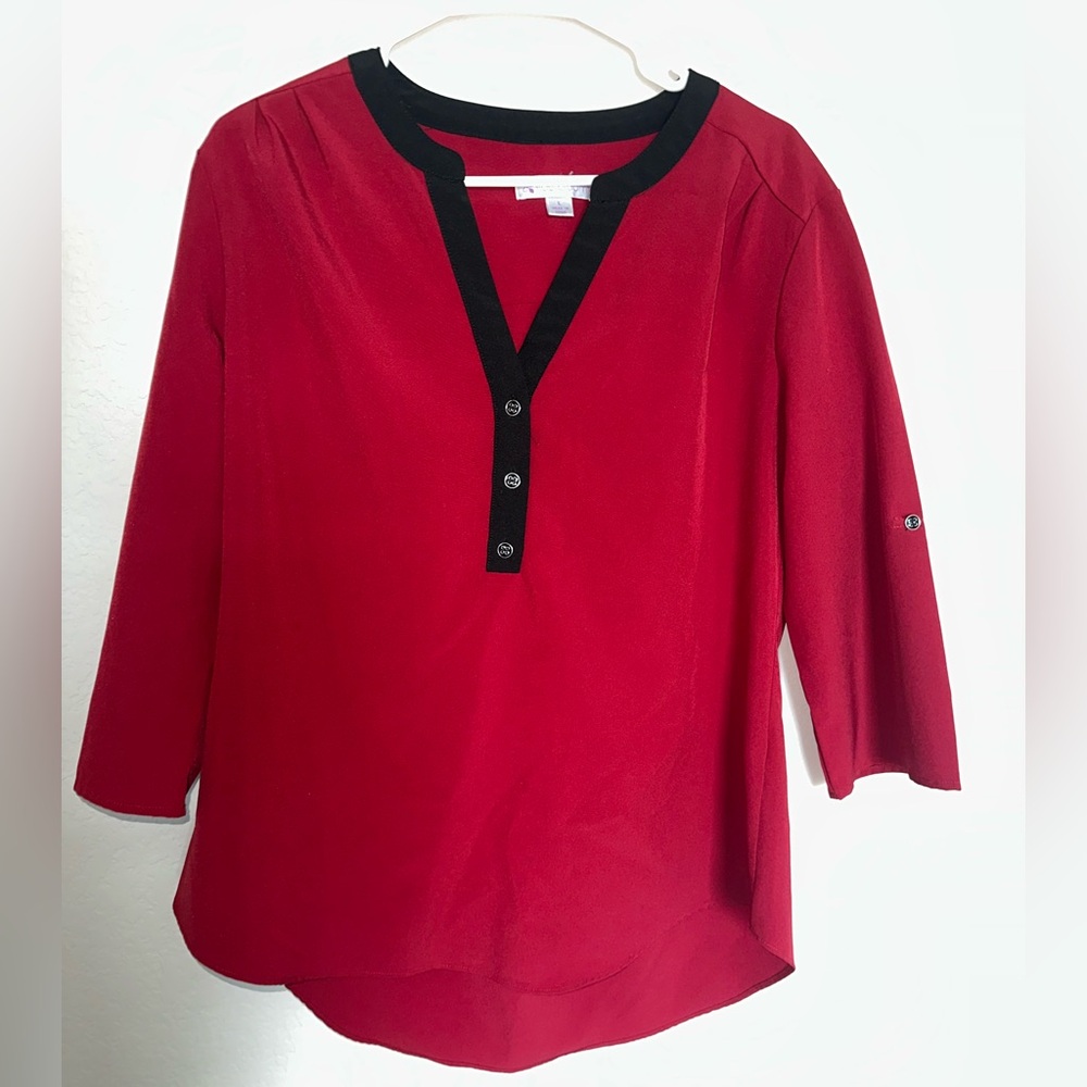 Large Lilac Bloom red 3/4 sleeve with roll tab, black trim, blouse